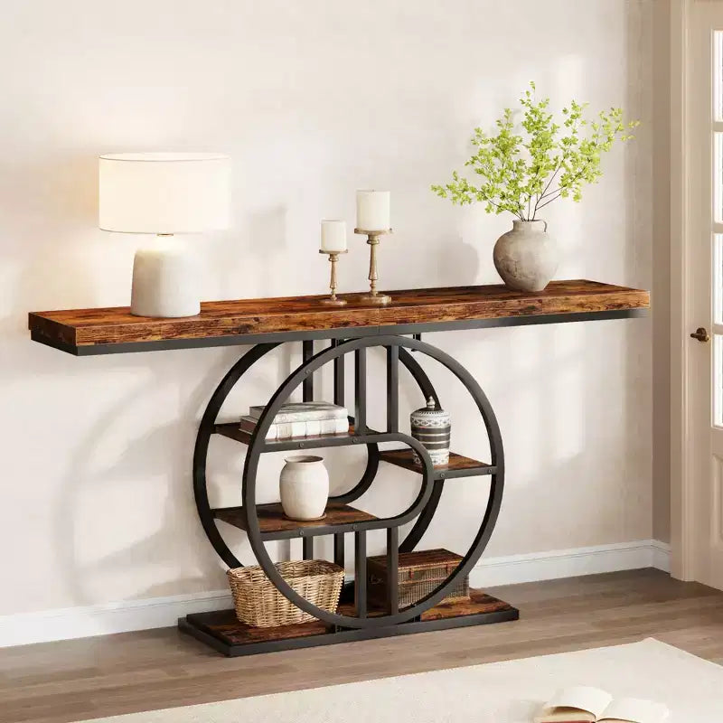 Console industrielle 55, Table d'entrée étroite à 5 niveaux avec cadre métallique et étagères de rangement multifonctionnelles pour salon et couloir