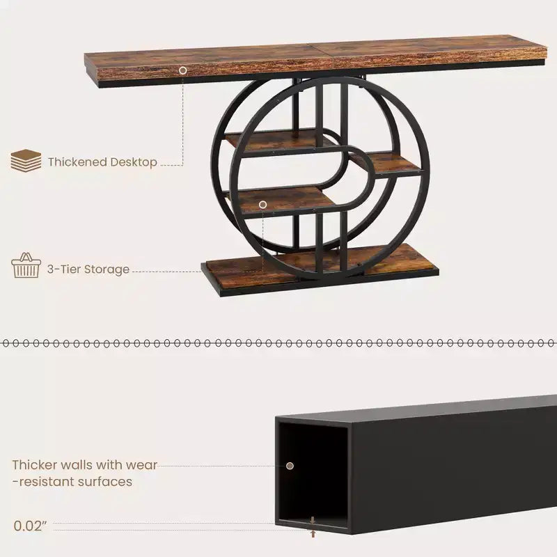 Console industrielle 55, Table d'entrée étroite à 5 niveaux avec cadre métallique et étagères de rangement multifonctionnelles pour salon et couloir