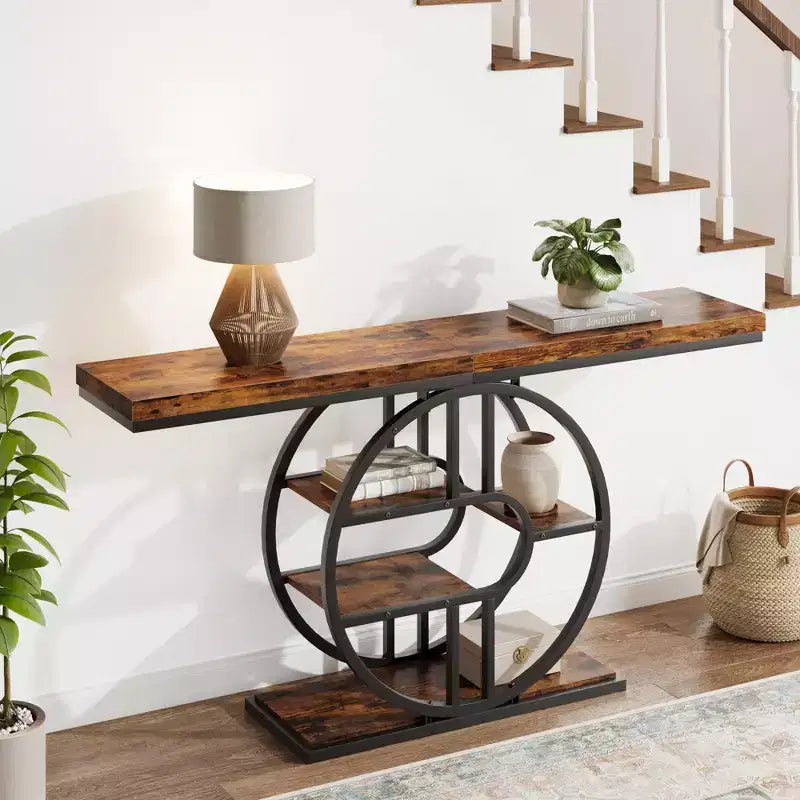 Console industrielle 55, Table d'entrée étroite à 5 niveaux avec cadre métallique et étagères de rangement multifonctionnelles pour salon et couloir