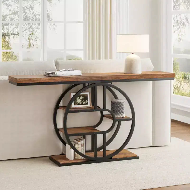 Console industrielle 55, Table d'entrée étroite à 5 niveaux avec cadre métallique et étagères de rangement multifonctionnelles pour salon et couloir