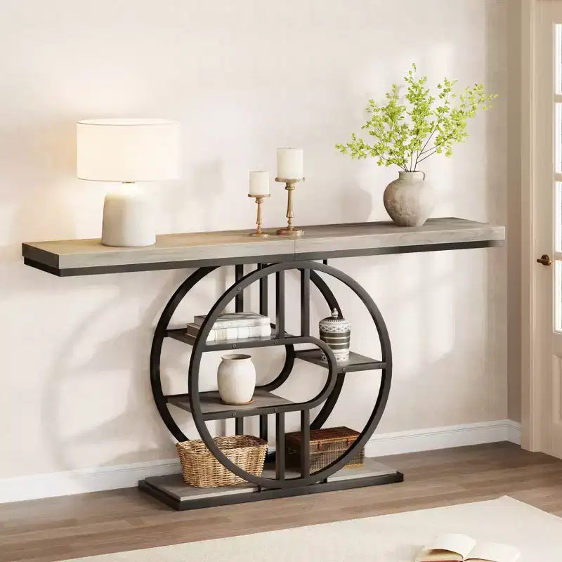 Console industrielle 55, Table d'entrée étroite à 5 niveaux avec cadre métallique et étagères de rangement multifonctionnelles pour salon et couloir