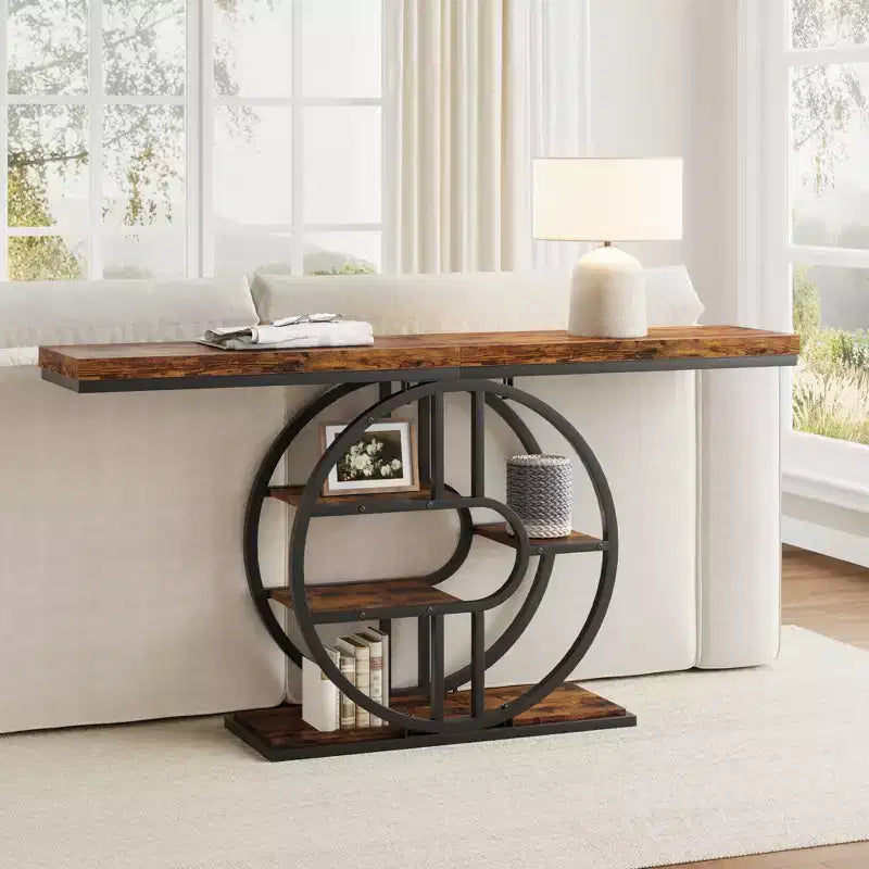Console industrielle 55, Table d'entrée étroite à 5 niveaux avec cadre métallique et étagères de rangement multifonctionnelles pour salon et couloir