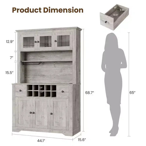 Grand garde-manger de 175 cm avec lumières LED et station de recharge, grand meuble de rangement de cuisine, buffet de cuisine, meuble bar à café avec porte-bouteilles