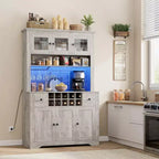 Grand garde-manger de 175 cm avec lumières LED et station de recharge, grand meuble de rangement de cuisine, buffet de cuisine, meuble bar à café avec porte-bouteilles