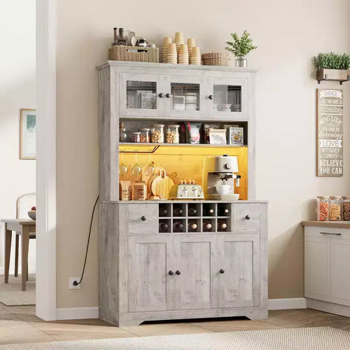 69 Tall Pantry Cabinet with LED Lights & Charging Station, Large Kitchen Pantry Storage Cabinet Kitchen Hutch Coffee Bar Cabinet with Wine Rack