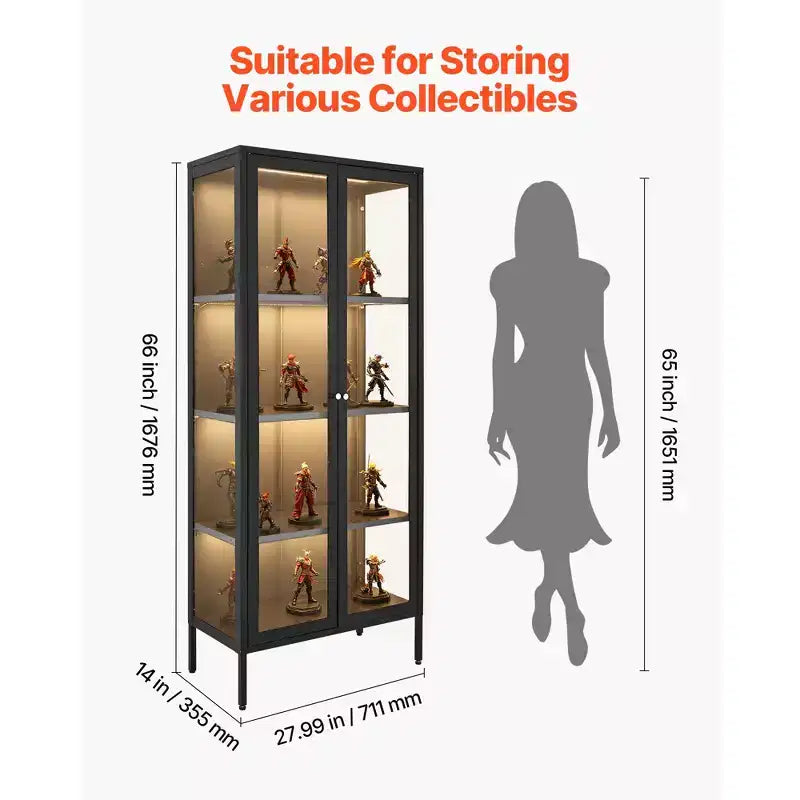 Vitrine d'exposition VEVOR avec porte vitrée, vitrine lumineuse de 167,64 cm de haut à 4 niveaux avec 3 lumières, armoire de rangement en métal à 3 étagères, noire
