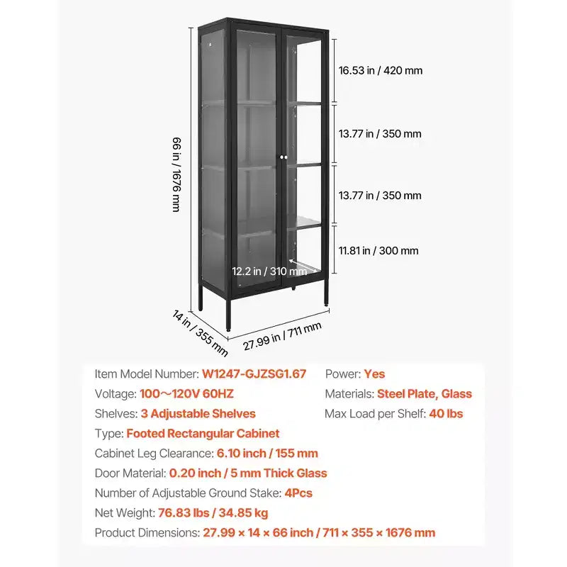 Vitrine d'exposition VEVOR avec porte vitrée, vitrine lumineuse de 167,64 cm de haut à 4 niveaux avec 3 lumières, armoire de rangement en métal à 3 étagères, noire