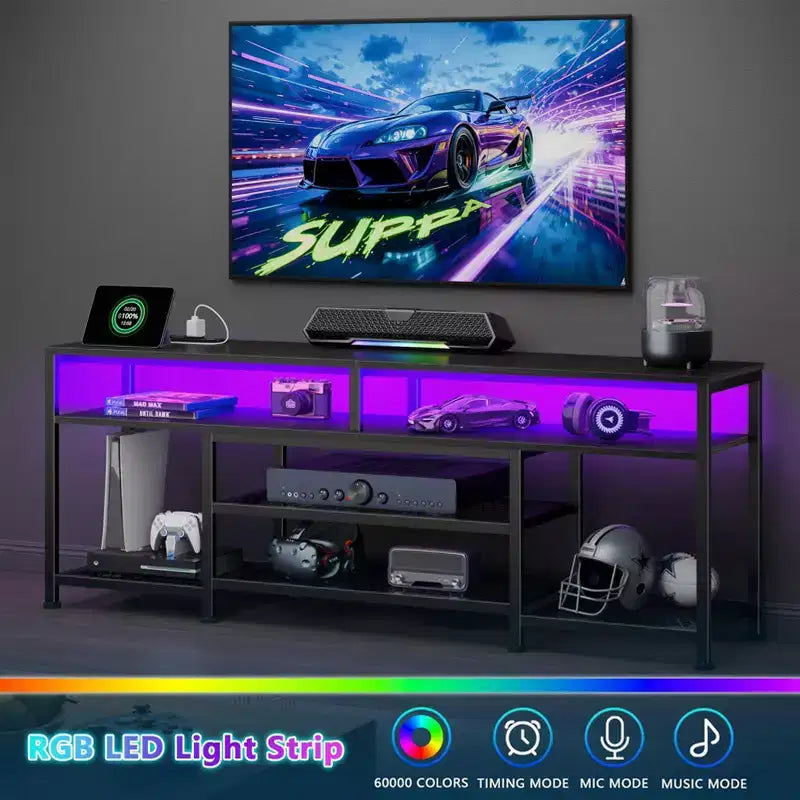 Meuble TV noir Qwatto de 160 cm avec station de charge, lumières LED, meuble de divertissement pour TV jusqu'à 70 pouces, étagères de rangement pour console multimédia, salon