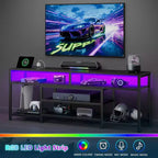 Meuble TV noir Qwatto de 160 cm avec station de charge, lumières LED, meuble de divertissement pour TV jusqu'à 70 pouces, étagères de rangement pour console multimédia, salon