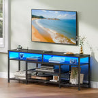 Meuble TV noir Qwatto de 160 cm avec station de charge, lumières LED, meuble de divertissement pour TV jusqu'à 70 pouces, étagères de rangement pour console multimédia, salon