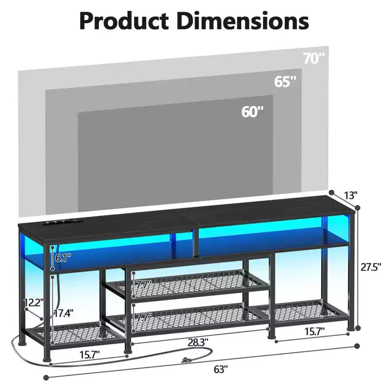 Meuble TV noir Qwatto de 160 cm avec station de charge, lumières LED, meuble de divertissement pour TV jusqu'à 70 pouces, étagères de rangement pour console multimédia, salon