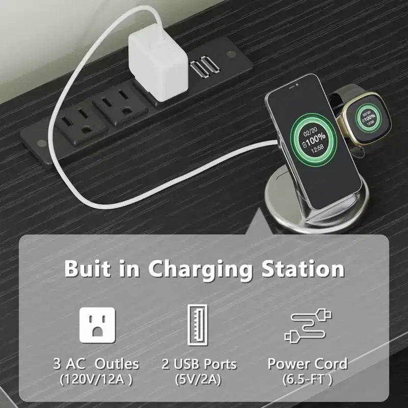 Meuble TV noir Qwatto de 160 cm avec station de charge, lumières LED, meuble de divertissement pour TV jusqu'à 70 pouces, étagères de rangement pour console multimédia, salon