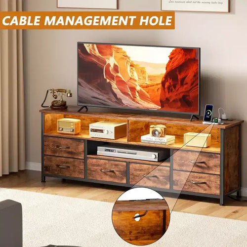 55 Inch Rustic Brown TV Stand Dresser with Charging Station LED Lights 6 Fabric Drawers Entertainment Center for TVs up to 60 Inch Media Console