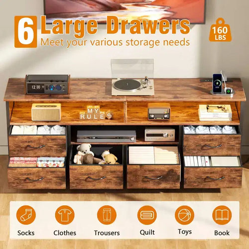 Meuble TV rustique marron de 55 pouces avec station de charge, lumières LED, 6 tiroirs en tissu, centre de divertissement pour téléviseurs jusqu'à 60 pouces, console multimédia