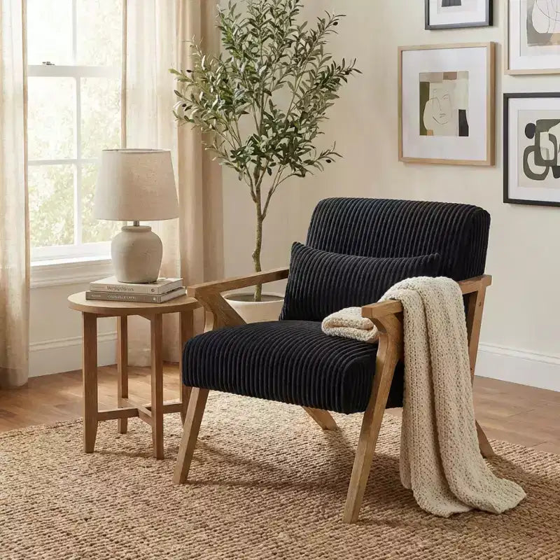 GDFStudio Mason Fauteuil d'appoint moderne avec cadre en bois d'hévéa, revêtement en velours côtelé et oreiller