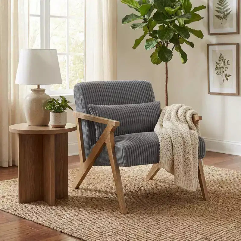 GDFStudio Mason Fauteuil d'appoint moderne avec cadre en bois d'hévéa, revêtement en velours côtelé et oreiller