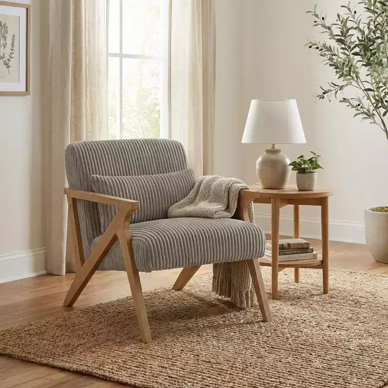 GDFStudio Mason Fauteuil d'appoint moderne avec cadre en bois d'hévéa, revêtement en velours côtelé et oreiller
