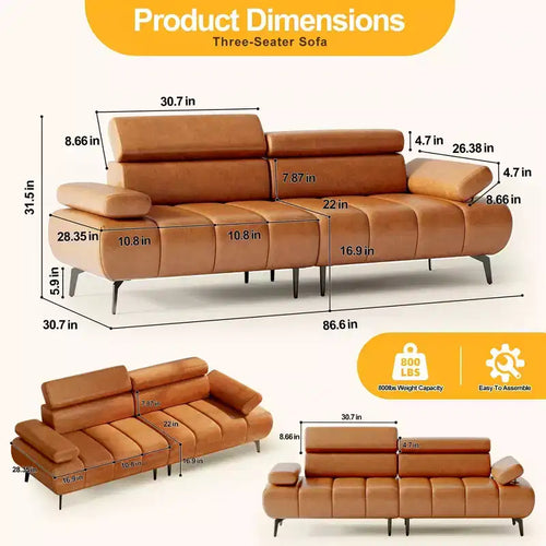 Canapé-lit 3 places en similicuir 86,6 po – Canapé-futon convertible avec dossier réglable et design divisé – Marron