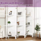 Paravent en bois à 6 panneaux Dovelina avec 3 étagères de présentation, paravent pliant de 1,70 m, blanc/bois/marron
