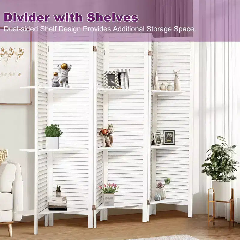Paravent en bois à 6 panneaux Dovelina avec 3 étagères de présentation, paravent pliant de 1,70 m, blanc/bois/marron