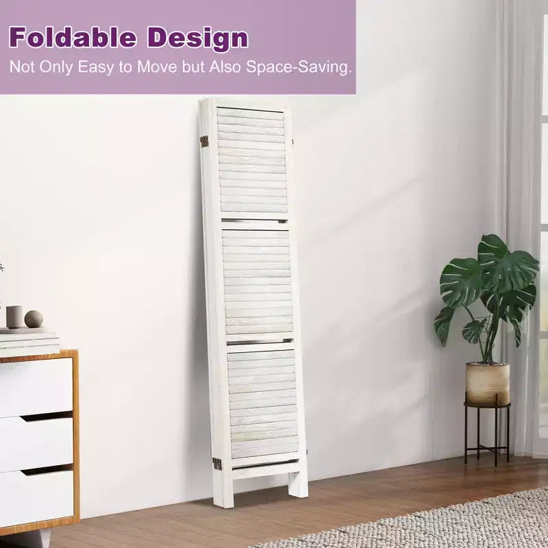 Paravent en bois à 6 panneaux Dovelina avec 3 étagères de présentation, paravent pliant de 1,70 m, blanc/bois/marron