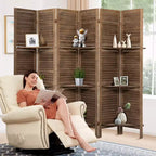 Paravent en bois à 6 panneaux Dovelina avec 3 étagères de présentation, paravent pliant de 1,70 m, blanc/bois/marron