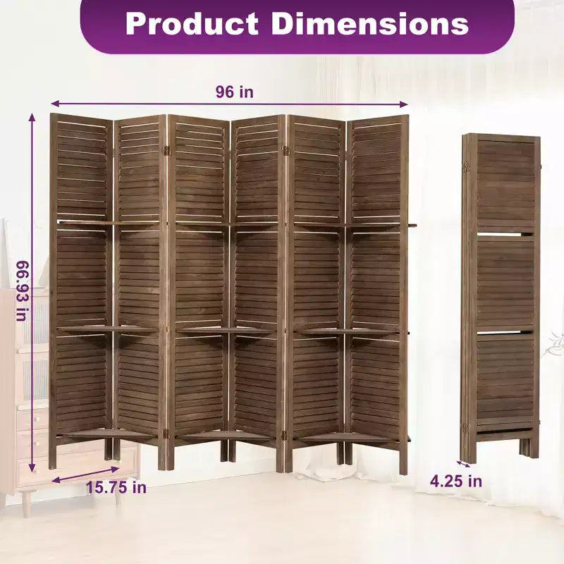 Paravent en bois à 6 panneaux Dovelina avec 3 étagères de présentation, paravent pliant de 1,70 m, blanc/bois/marron