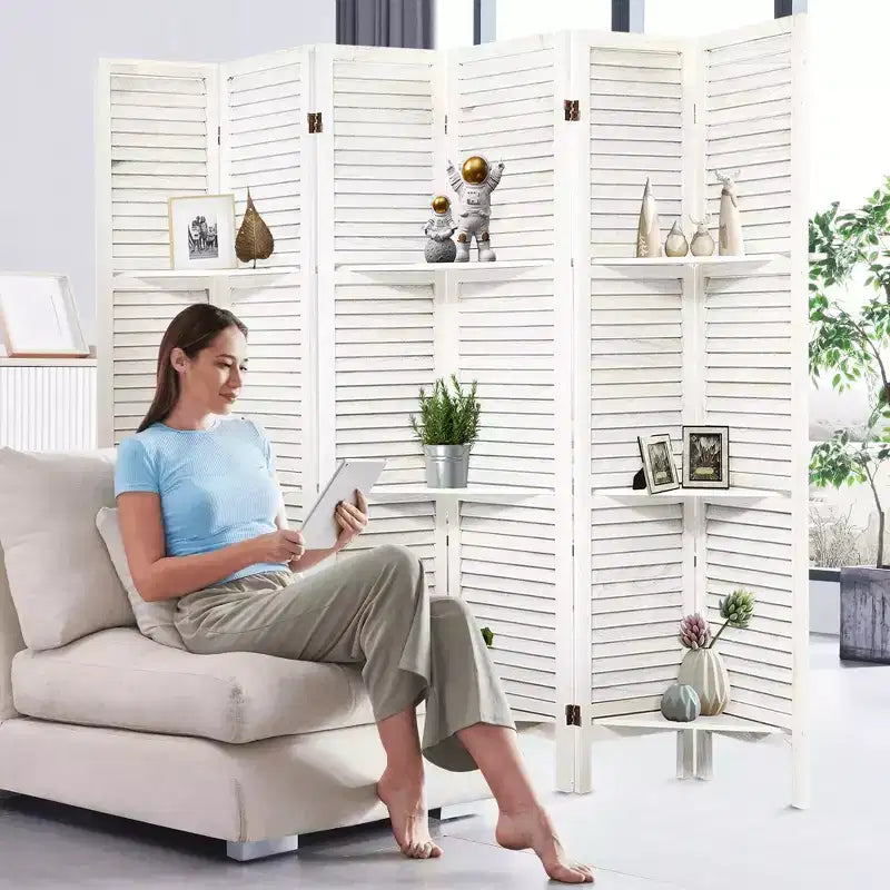 Paravent en bois à 6 panneaux Dovelina avec 3 étagères de présentation, paravent pliant de 1,70 m, blanc/bois/marron