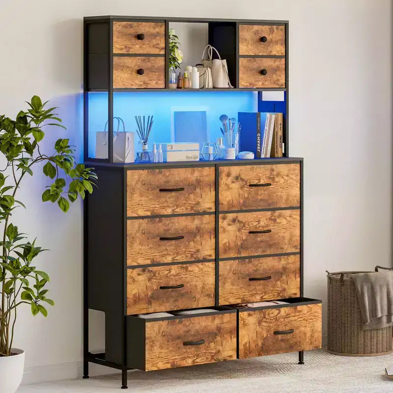 Commode de chambre, commode en tissu à 12 tiroirs, étagères ouvertes, plateau en bois et cadre en métal pour chambre à coucher, couloir ou salon