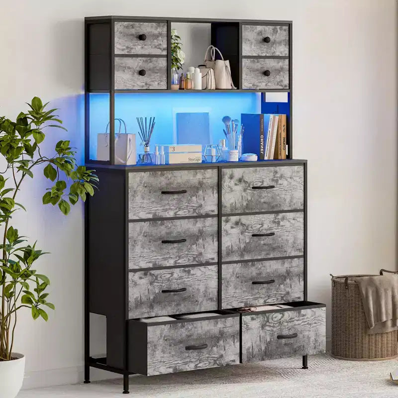 Commode de chambre, commode en tissu à 12 tiroirs, étagères ouvertes, plateau en bois et cadre en métal pour chambre à coucher, couloir ou salon