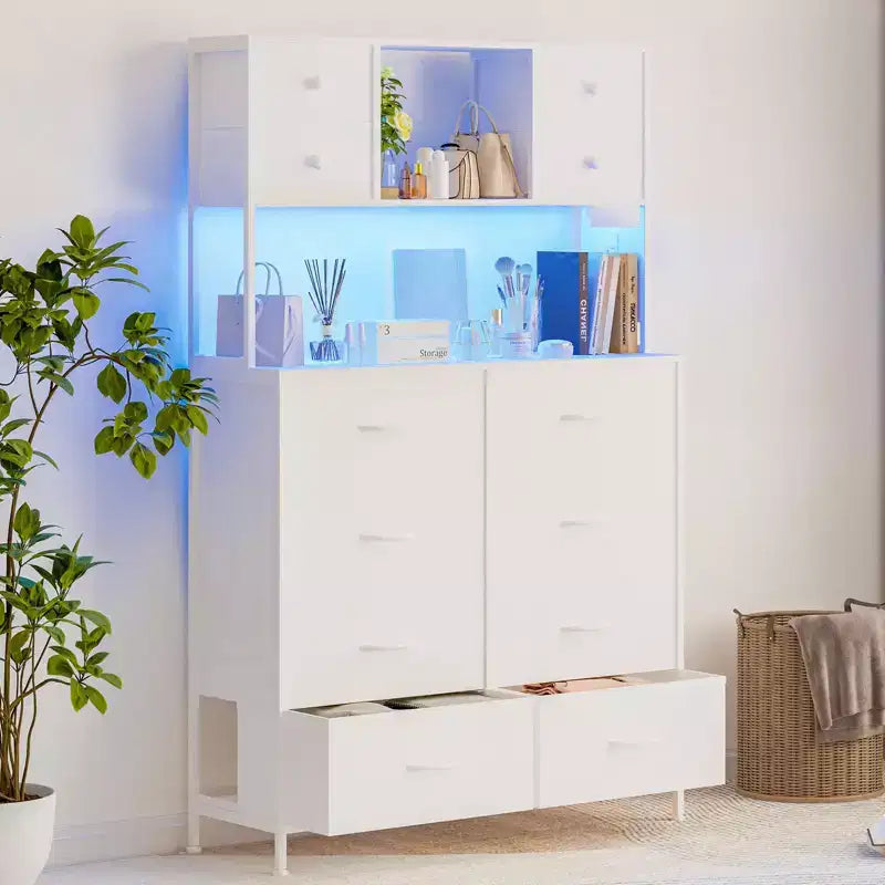 Commode de chambre, commode en tissu à 12 tiroirs, étagères ouvertes, plateau en bois et cadre en métal pour chambre à coucher, couloir ou salon