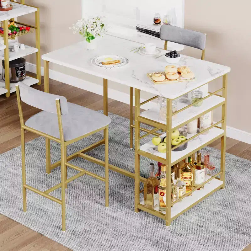 Ensemble table et chaises de bar pour petit espace avec structure en bois, design peu encombrant, fabrication durable, pour appartements et cuisines