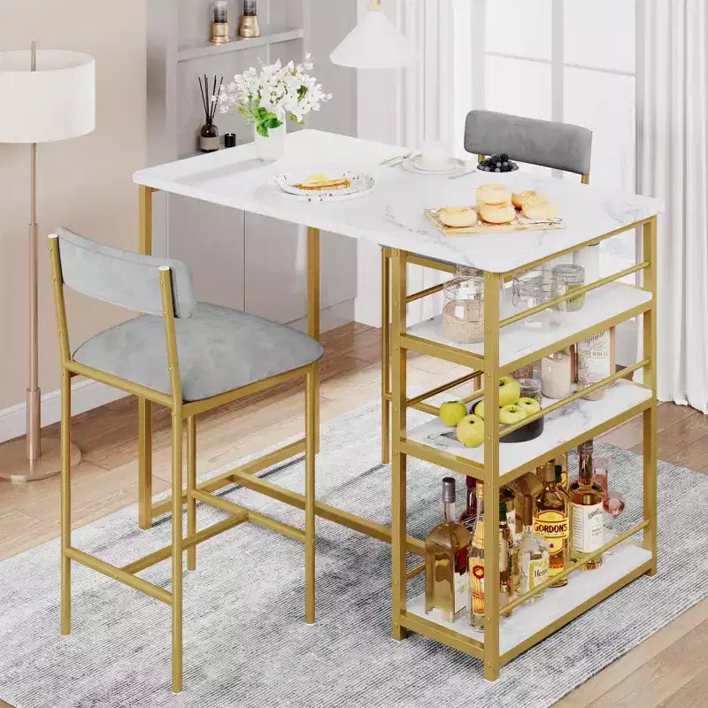 Ensemble table et chaises de bar pour petit espace avec structure en bois, design peu encombrant, fabrication durable, pour appartements et cuisines