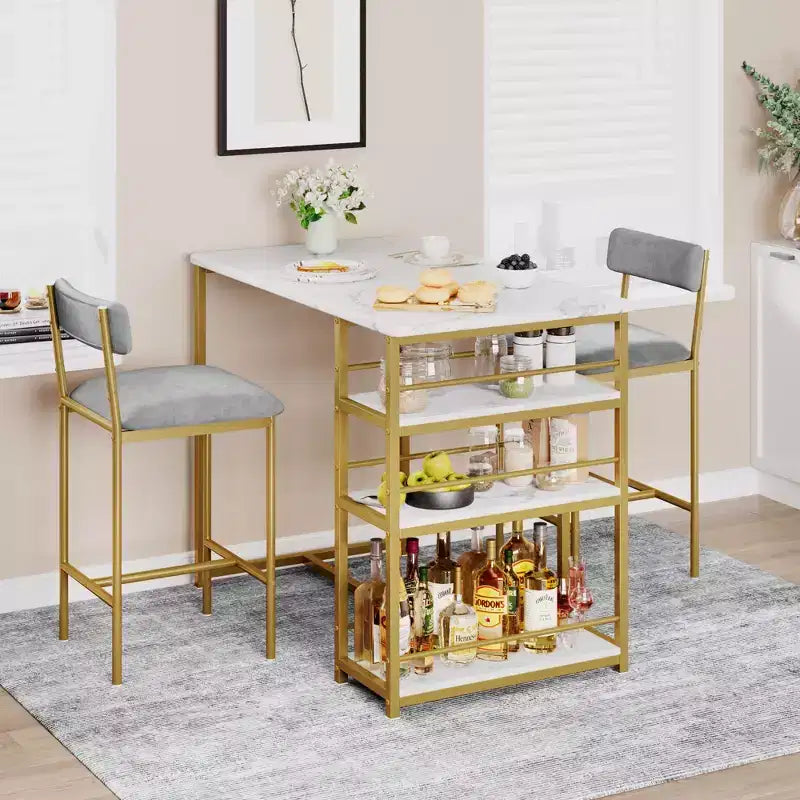 Ensemble table et chaises de bar pour petit espace avec structure en bois, design peu encombrant, fabrication durable, pour appartements et cuisines