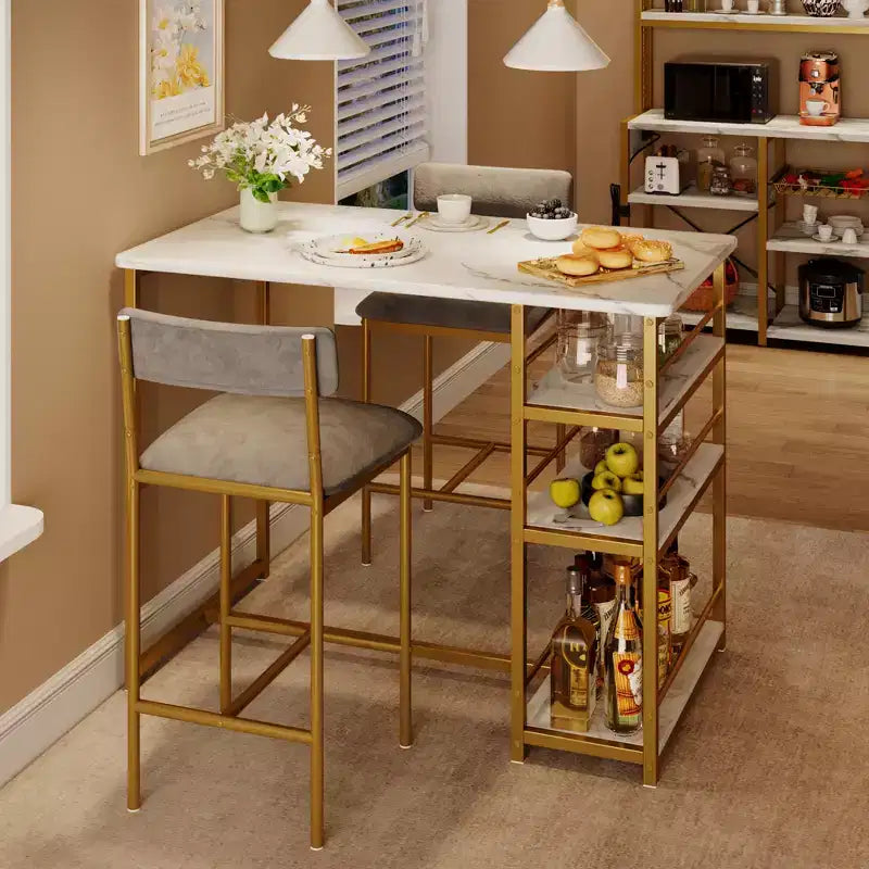 Ensemble table et chaises de bar pour petit espace avec structure en bois, design peu encombrant, fabrication durable, pour appartements et cuisines