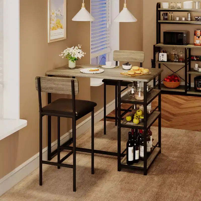Ensemble table et chaises de bar pour petit espace avec structure en bois, design peu encombrant, fabrication durable, pour appartements et cuisines