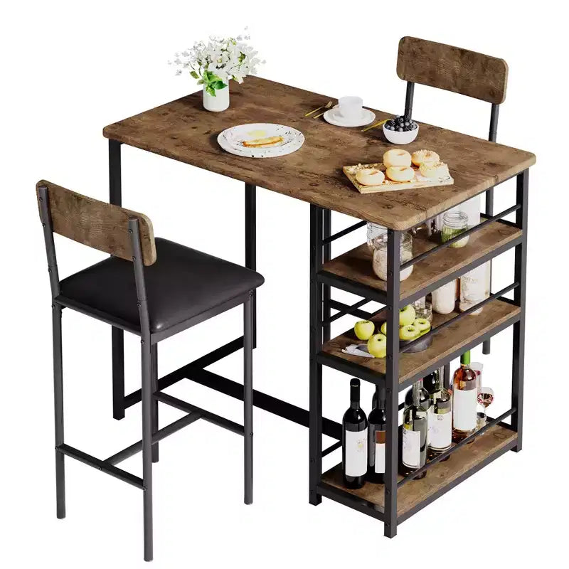 Ensemble table et chaises de bar pour petit espace avec structure en bois, design peu encombrant, fabrication durable, pour appartements et cuisines