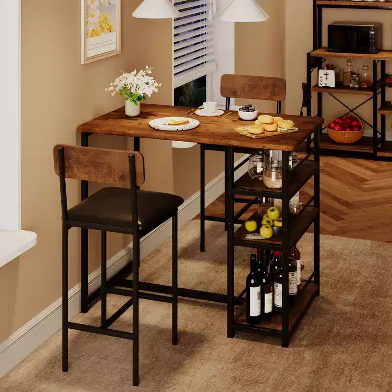 Ensemble table et chaises de bar pour petit espace avec structure en bois, design peu encombrant, fabrication durable, pour appartements et cuisines