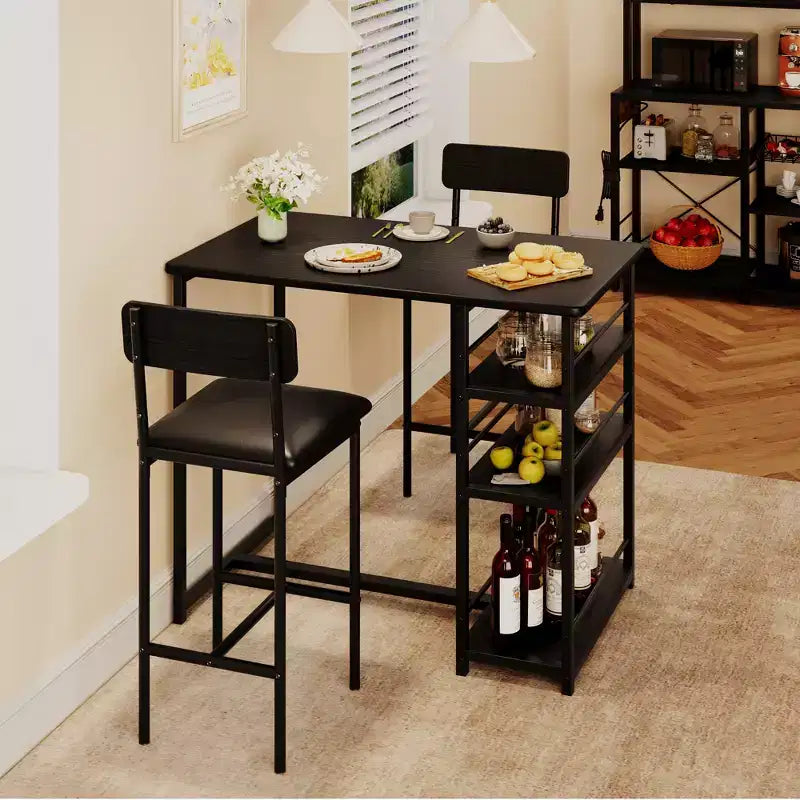 Ensemble table et chaises de bar pour petit espace avec structure en bois, design peu encombrant, fabrication durable, pour appartements et cuisines