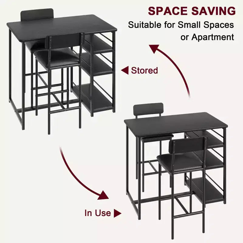 Ensemble table et chaises de bar pour petit espace avec structure en bois, design peu encombrant, fabrication durable, pour appartements et cuisines