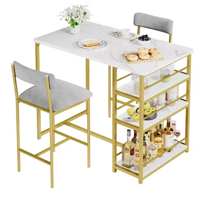 Ensemble table et chaises de bar pour petit espace avec structure en bois, design peu encombrant, fabrication durable, pour appartements et cuisines