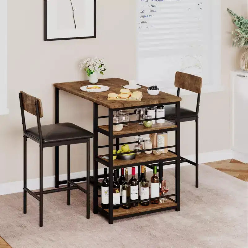 Ensemble table et chaises de bar pour petit espace avec structure en bois, design peu encombrant, fabrication durable, pour appartements et cuisines