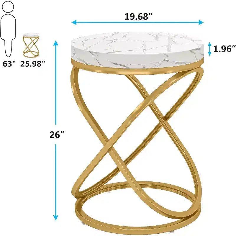 Table d'appoint ronde Lantine de 26 pouces avec plateau en bois d'ingénierie et pieds métalliques doubles en forme de X, table d'appoint en placage de faux marbre pour salon, chambre à coucher