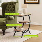 Table d'appoint étroite en C industrielle Lantine avec 3 étagères de rangement, plateau en bois et cadre en métal noir, idéale pour le salon, finition chêne.