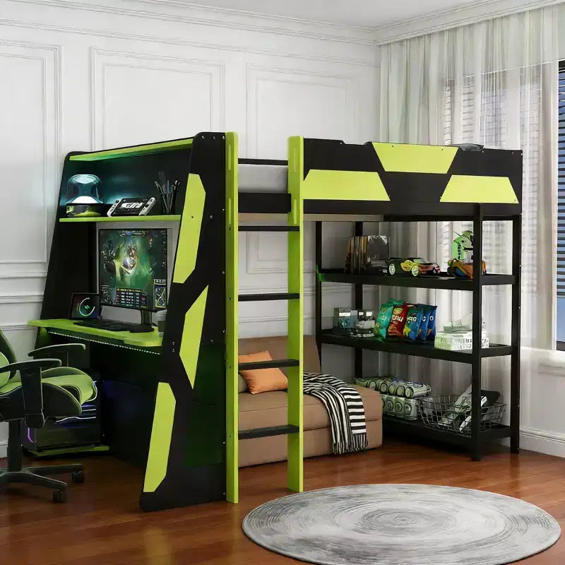 Lit mezzanine gaming complet Luxystar avec bureau, étagères de rangement et lumières