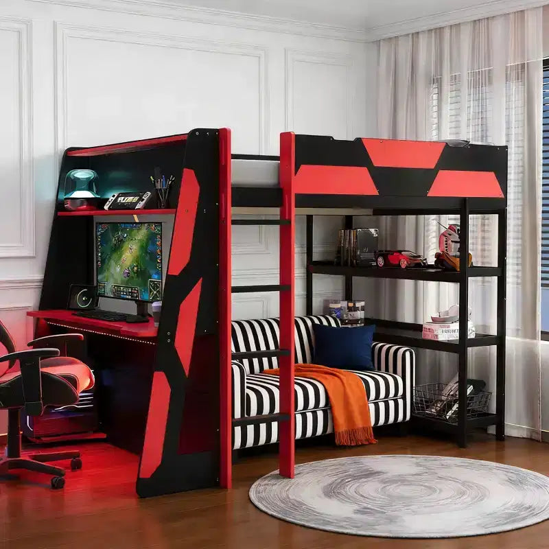 Lit mezzanine gaming complet Luxystar avec bureau, étagères de rangement et lumières