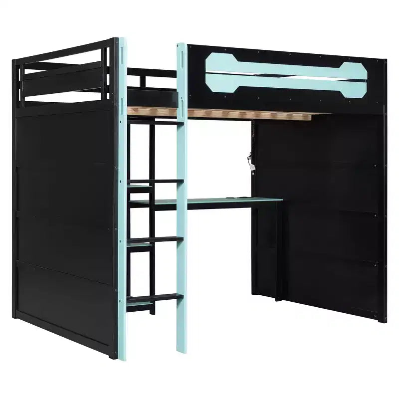 Lit mezzanine gamer Luxystar pleine taille avec étagères de rangement, bureau et lumière