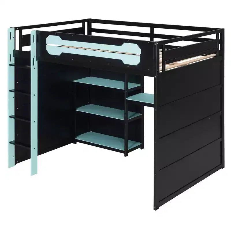 Lit mezzanine gamer Luxystar pleine taille avec étagères de rangement, bureau et lumière