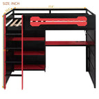 Lit mezzanine gamer Luxystar pleine taille avec étagères de rangement, bureau et lumière