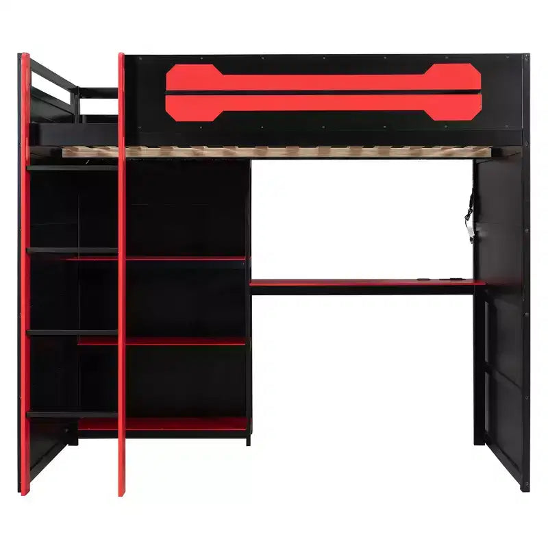 Lit mezzanine gamer Luxystar pleine taille avec étagères de rangement, bureau et lumière